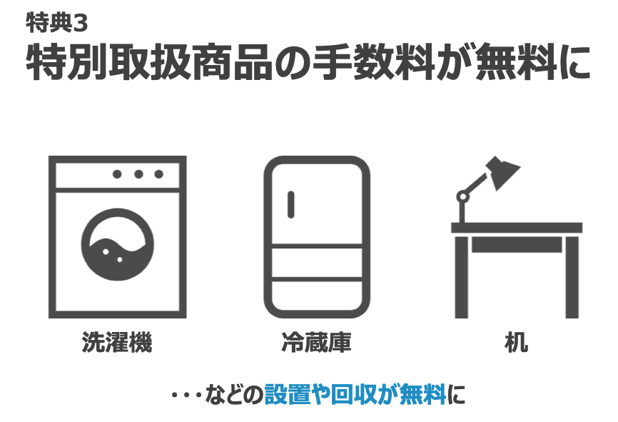 特典3：特別取扱商品の手数料が無料に

洗濯機・冷蔵庫・机などの設置や改修が無料に