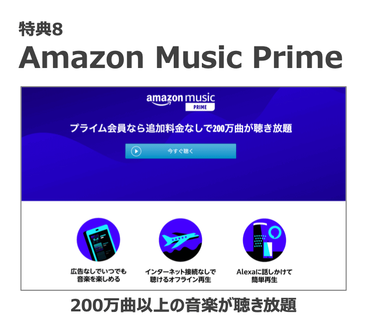 特典8：Amazon Music Prime

200万曲以上の音楽が聴き放題